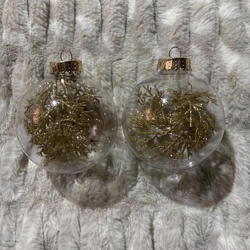 2 Large Plastic Clear Glitter ornament gold glitter foliage inside